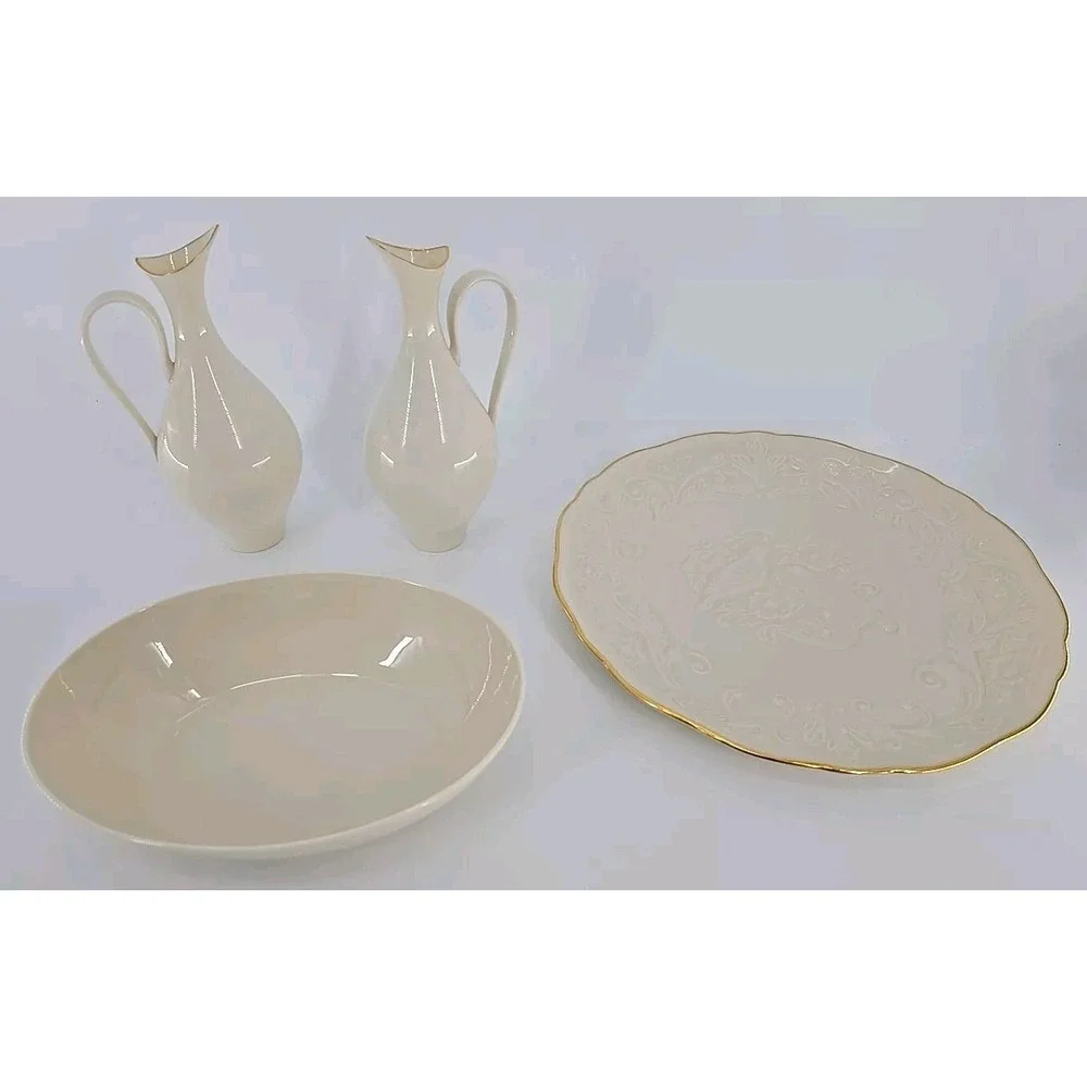 2 LENOX Sleek Creamy W/Gold Trim Pitchers In Bowl +Floral Bird Anniversary Plate